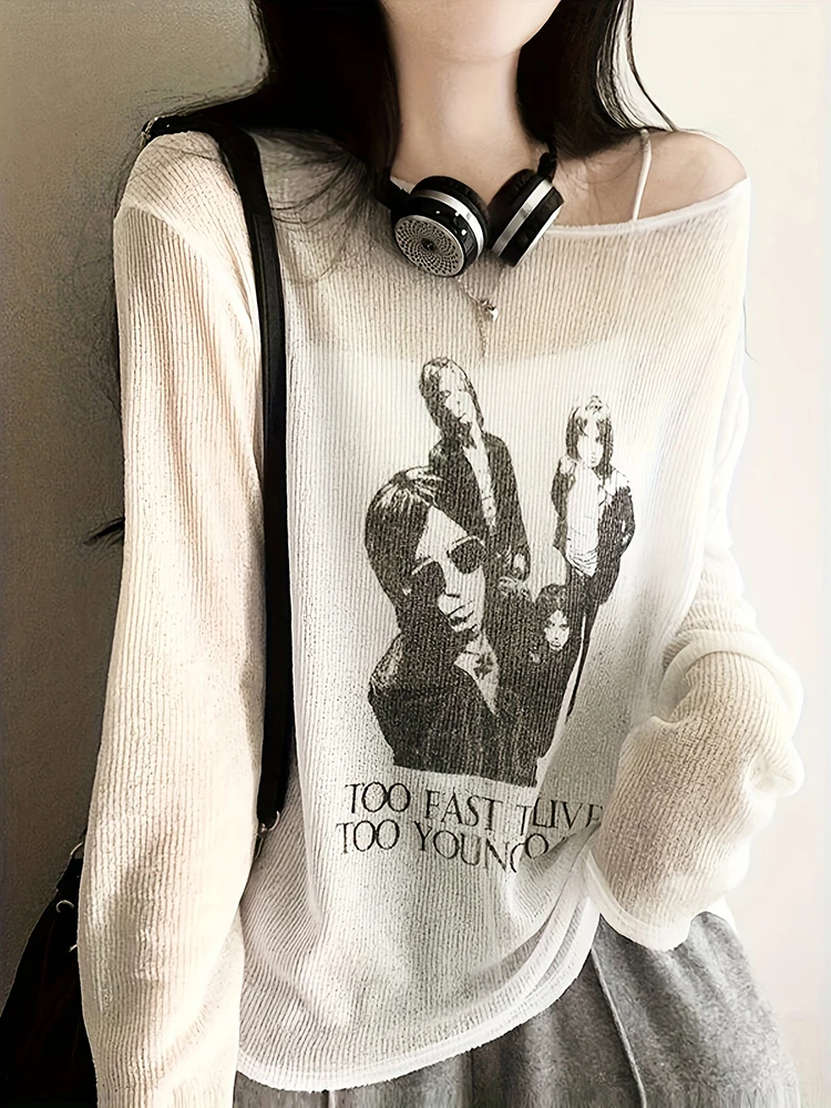 New Four Seasons New Y2K Fashion Women\'s Portrait Printed Long T-shirt