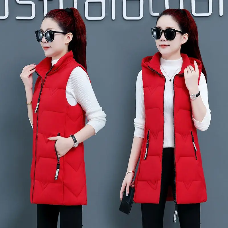 2023 New Women Fall Winter Cotton Horse Jacket Detachable Hat Versatile Slim Slim Mid Length Vest Sleeveless Coat