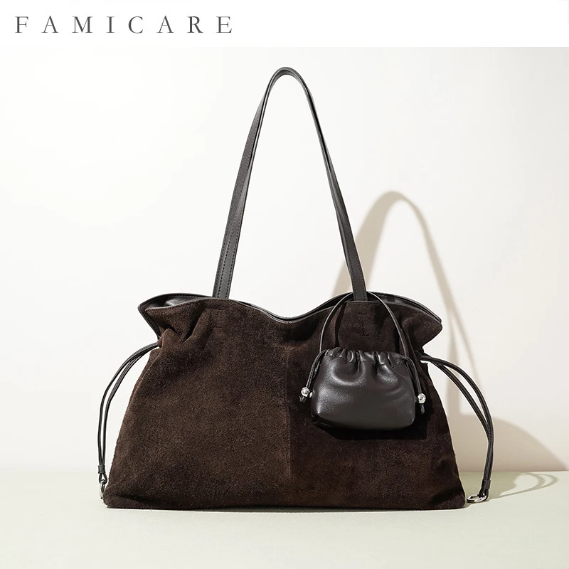 

2025 Winter New Korean Style Vintage Suede Leather Saddle Bag Drawstring Wrinkled Leather Fashion Single Shoulder Handheld Bag