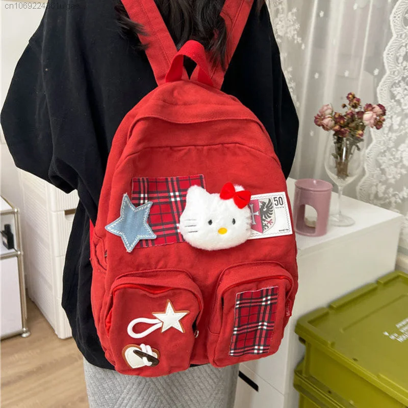 Sanrio Hello Kitty New Trend Bags Red Washed Canvas Backpacks Cartoon Korean Style Schoolbag Large Capacity Shoulder Bag Women