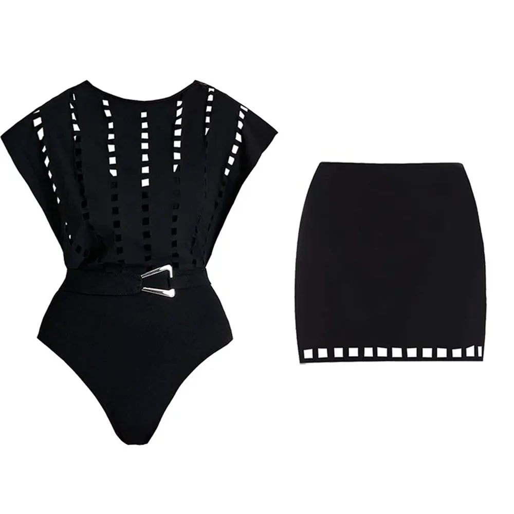 

Sexy Two Pieces Hollow Out Swimsuit With Cover Up Swimwear Women Bikini Female Swimming Suit Long Skirt Bodysuit Beachwear