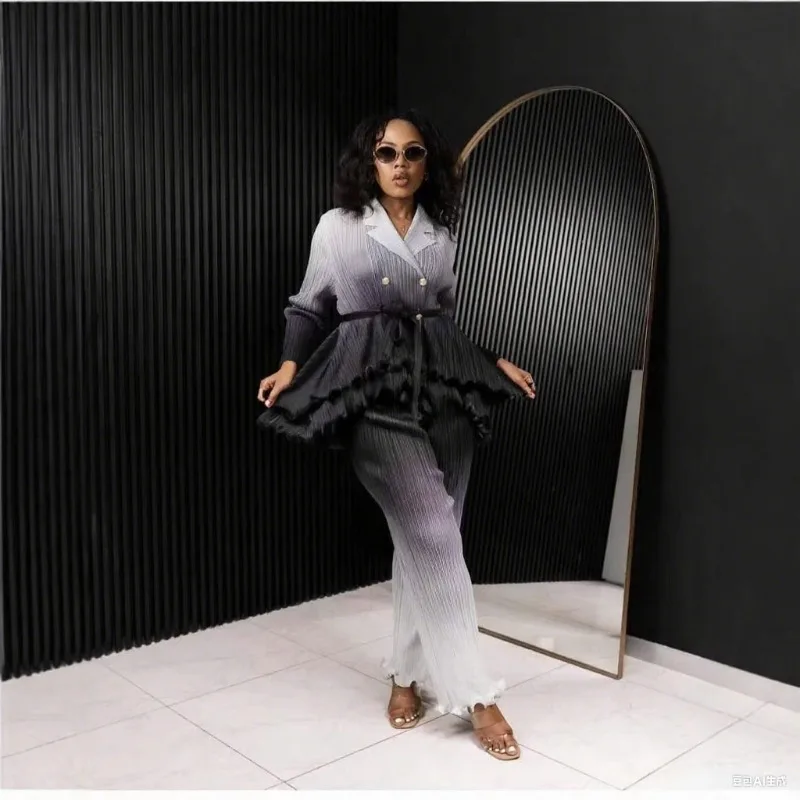 

Miyake Pleated Pants Set Irregular Wooden Ear Edge 2025 Summer New Top+straight Trousers Gradient Two-piece Suit Ladies Casual
