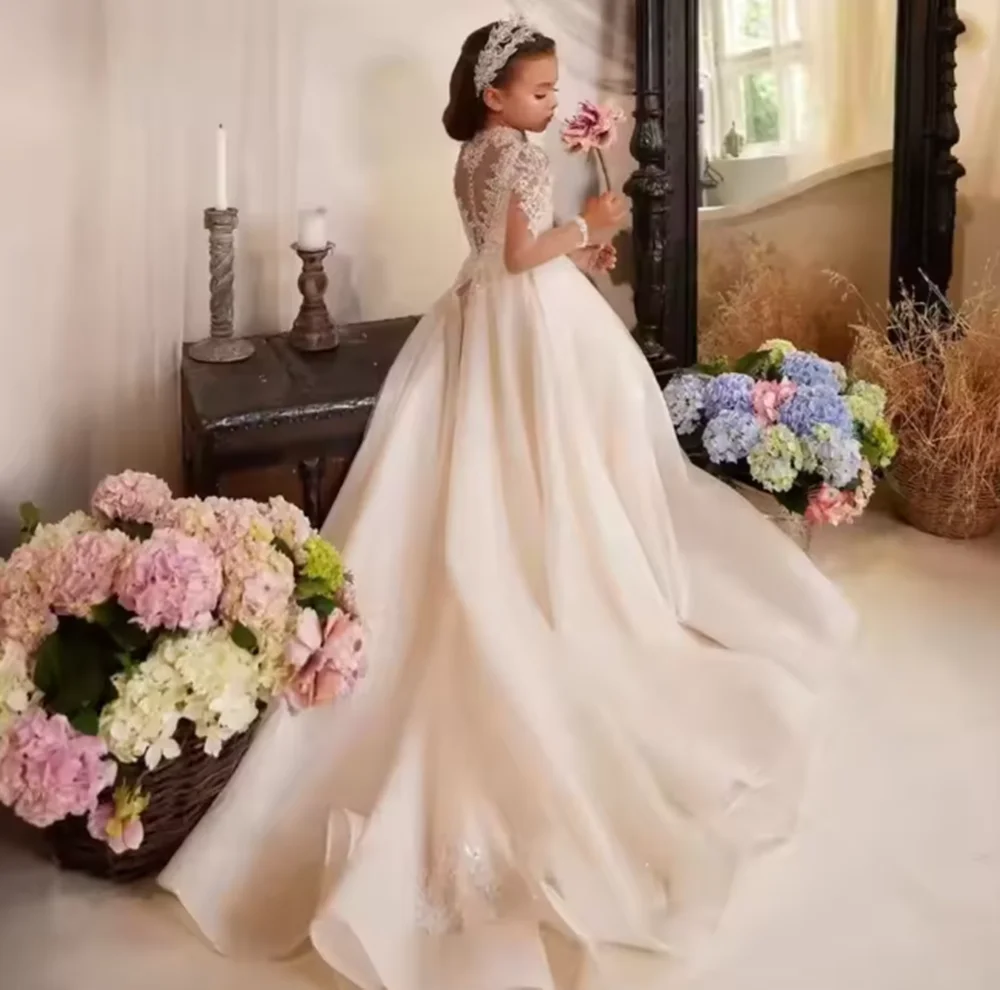 Vestido de menina flor com lantejoulas e miçangas para crianças, festa de aniversário, casamento, primeira comunhão, vestidos de manga completa