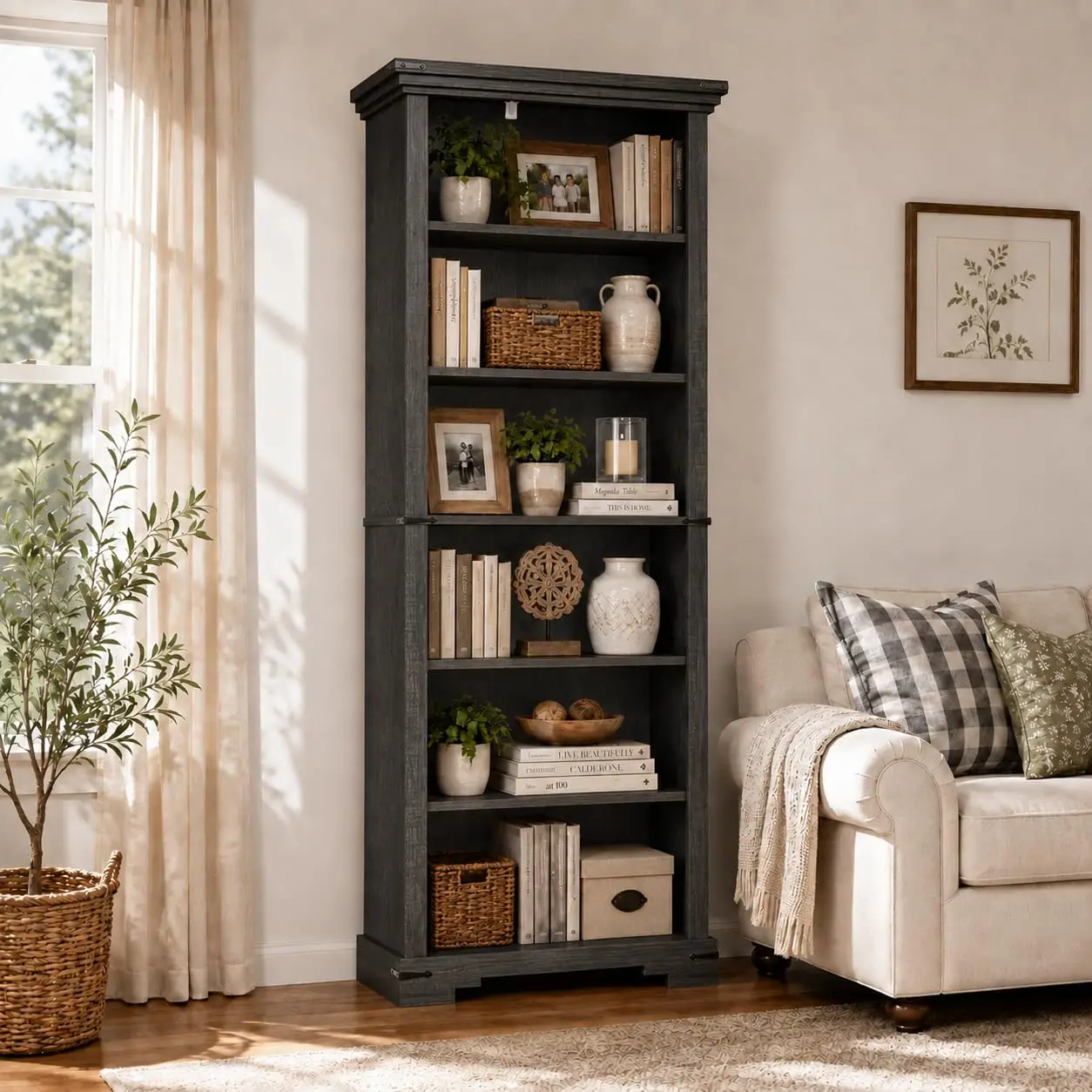 6-Tier Farmhouse Bookshelf, 73 inch Tall Bookcase with 2 Adjustable Shelves