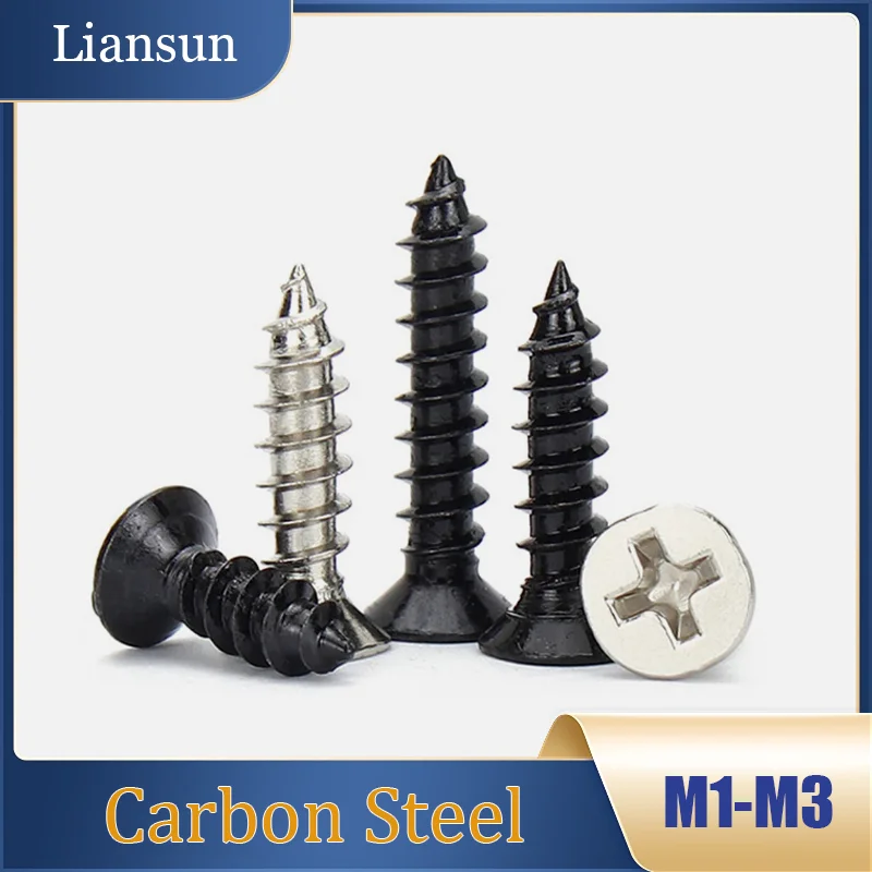 Viti per legno autofilettanti Phillips a testa piatta M1M1.2M1.4M1.7M2.3M2.6M3 Viti ultrasottili Phillips in acciaio al carbonio nichelato/nero