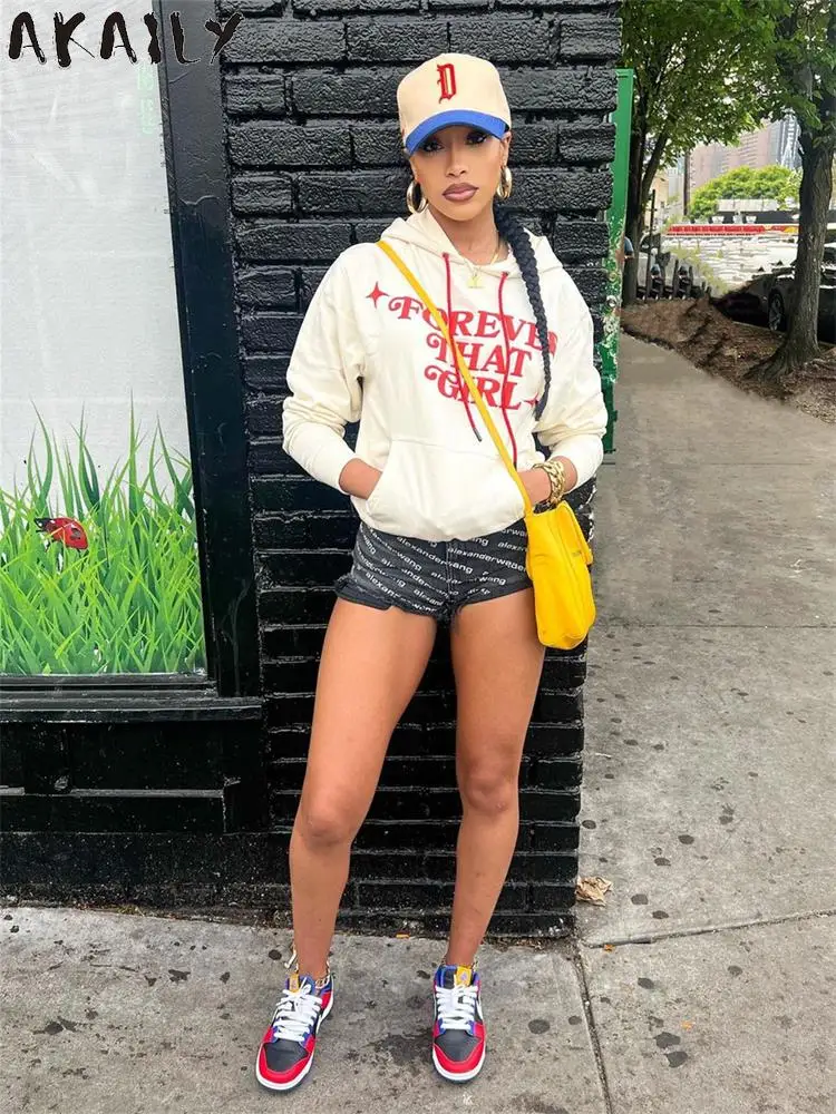 

Akaily White Letter Hoodies Autumn Long Sleeve Hoodies Streetwear Y2k For Women 2023 Fashion Loose Print Hooded Sweatshirts