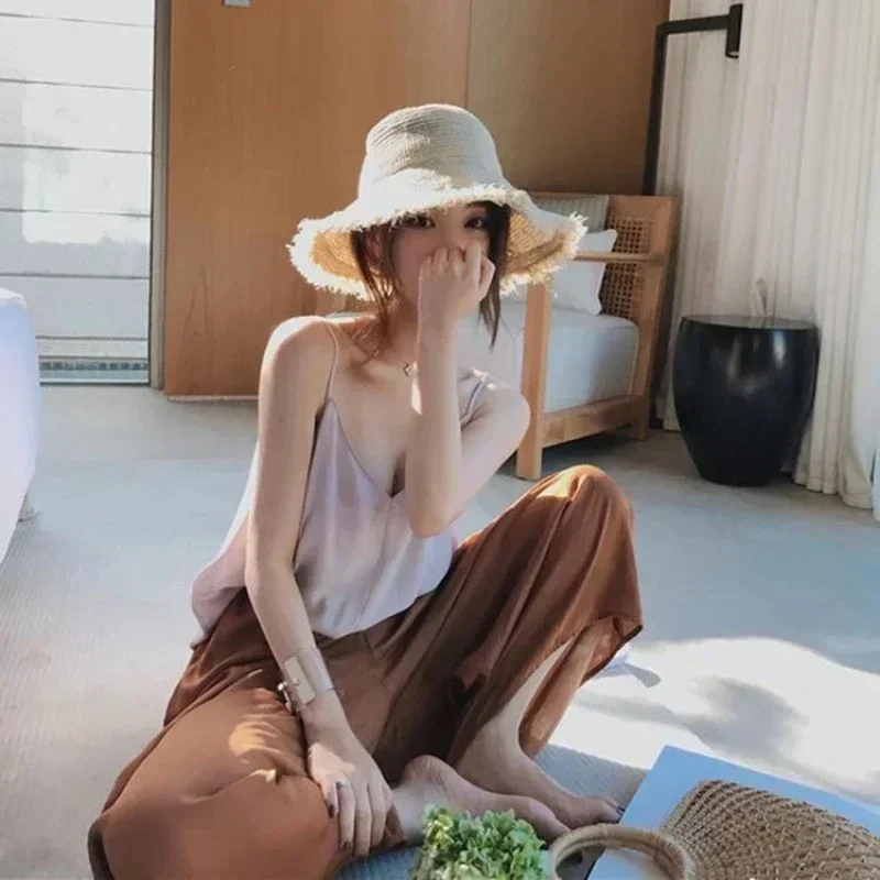 Women Hats Wide Large Beach Solid Color Visor Hat Straw Cap Female Sun Protection Hats Lady Fashion Accessories Creative Gift