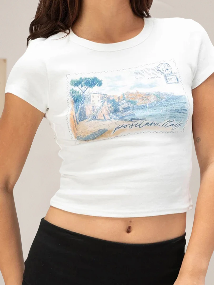 Women's Summer Short Sleeve Tops Round Neck Pattern Print Trendy Slim Fit T-shirt Ladies Crop Tops for Daily Streetwear