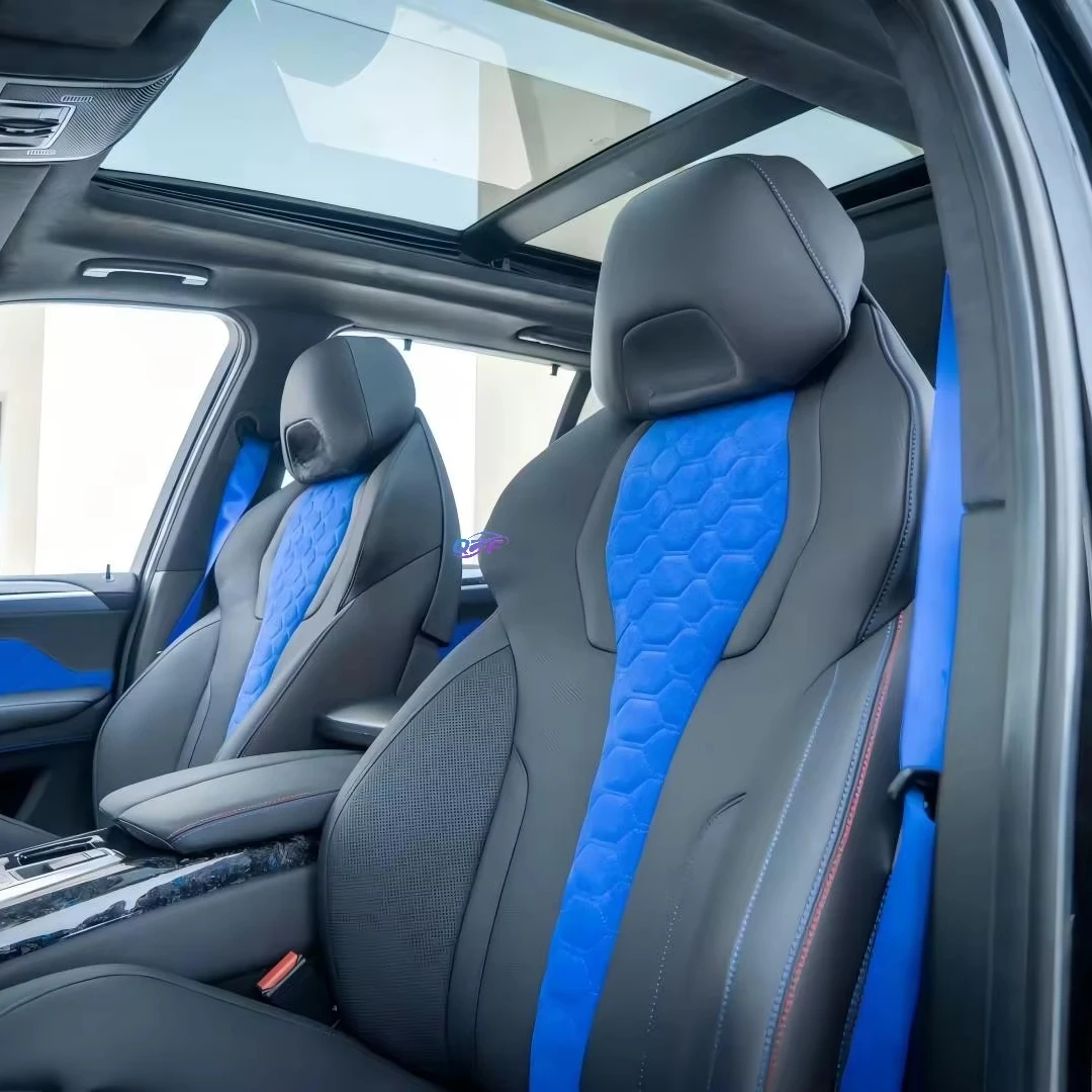 

Black Sport Seat Covers Full Set with Blue Honeycomb Accent & , Custom Leather Seat Upholstery Kit for BMW Models