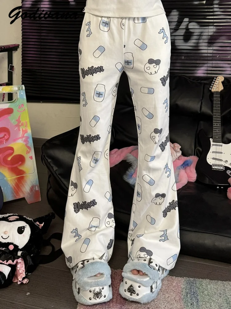 

2025 New Spring Summer Subculture Y2k Printed Casual Trousers Female Girls Skinny Soft Flare Pants