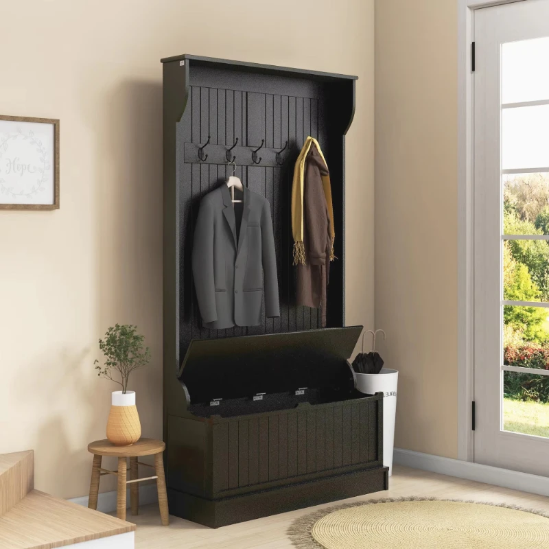 3-In-1 Bedroom Storage Rack with Storage Bench, Adjustable Coat Rack (with Four Hooks) and Shoe Cabinet, Modern Design, Black