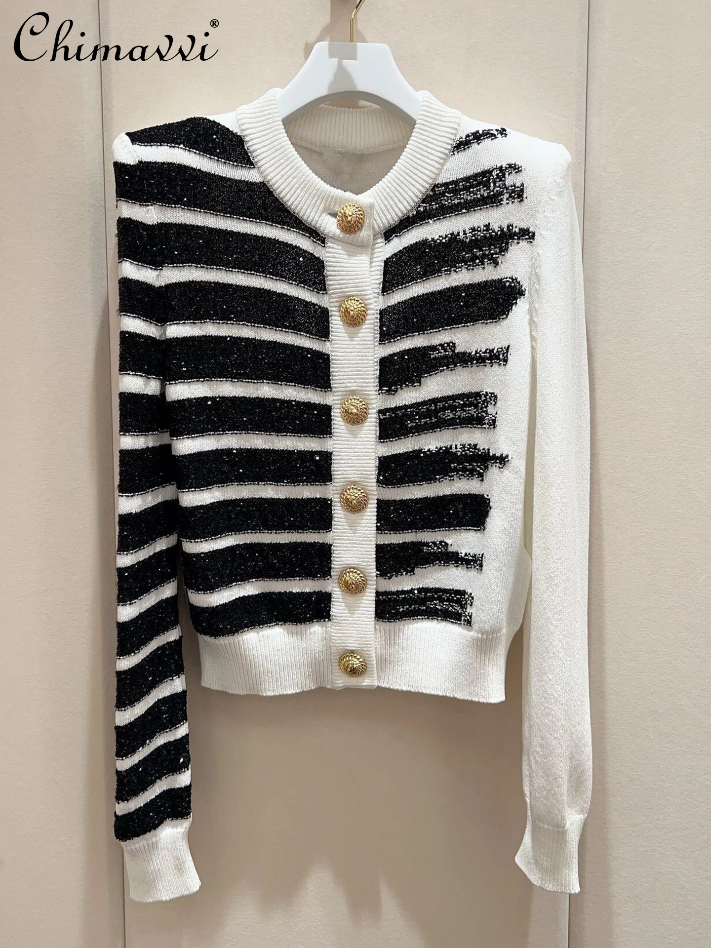 

Autumn New French Fashion Gold Button Round Neck Striped Color Block Long Sleeve Knitted Cardigan Elegant Women Sweater Coat Top
