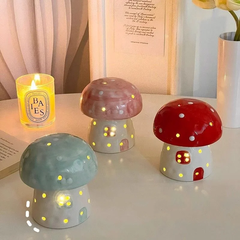 Mushroom Ceramic Night Light Home Bedroom Desktop Decoration Atmosphere Light Ornament Gift for Girlfriend's Birthday