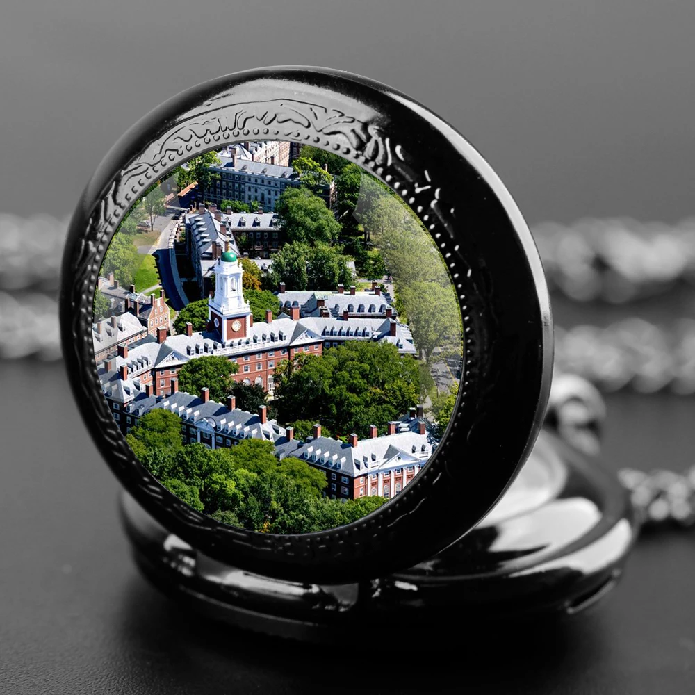 Reloj de bolsillo de cuarzo con collar de cadena, diseño de arquitectura de la Universidad de Harry Potter, colección Vintage, regalos para hombres y mujeres