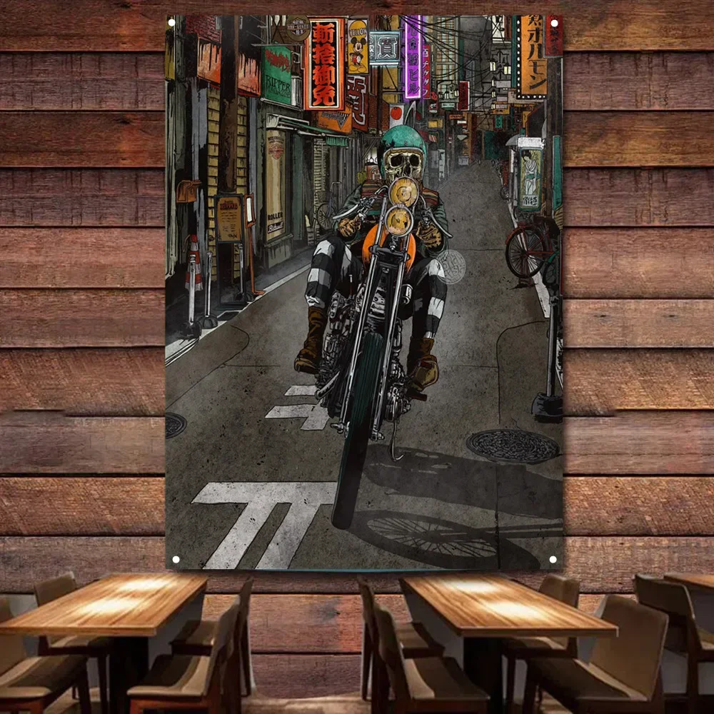 Street Racing Motorcycles Biker Skeleton Art PosterTapestry Vintage Gas Station Wall Decor Flag Banner Cars Painting for Garage