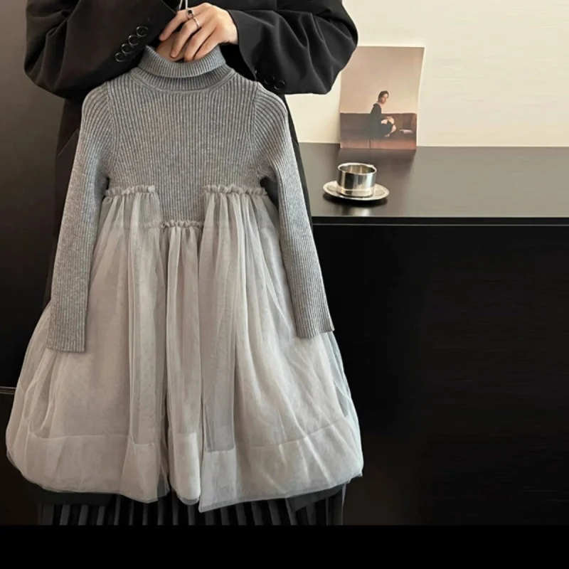 

Girls' Dress2025New Autumn and Winter Style Baby Girl Knitted Sweater Dress Elegant Sweet Mesh Princess Dress