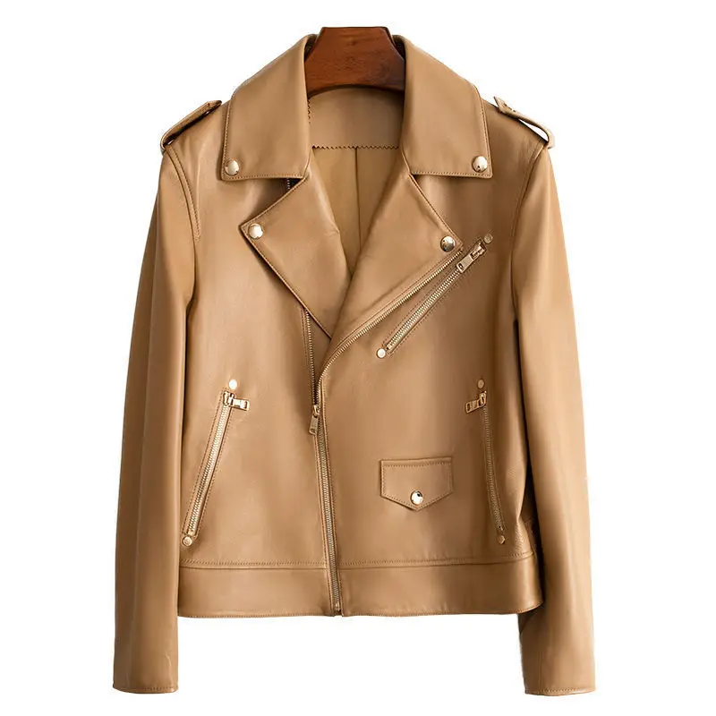 

Genuine Leather Women's Leather Spring and Autumn Fashion New Locomotive Style Short Suit Collar Coat,Casual leather jacket