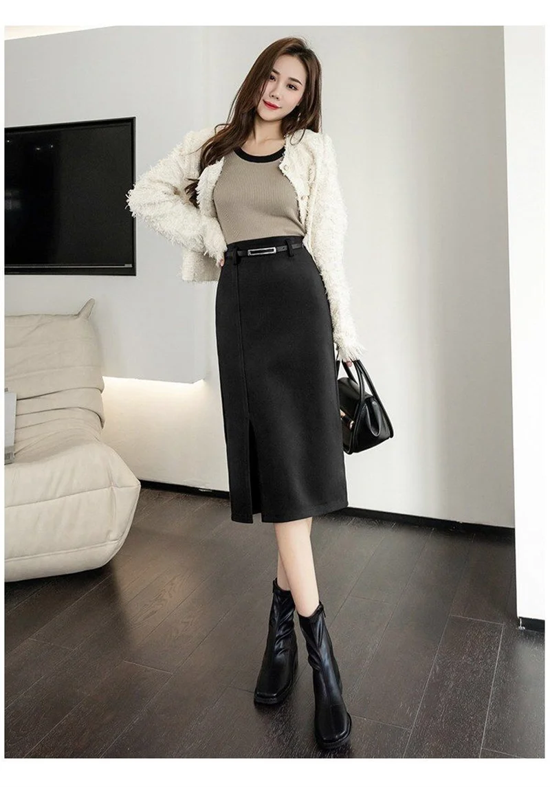 Korean Style Autumn Skirt with Slit High Waist Casual Black Elegant Skirts for Women Work Wear Clothes Y2k Streetwear with Belt