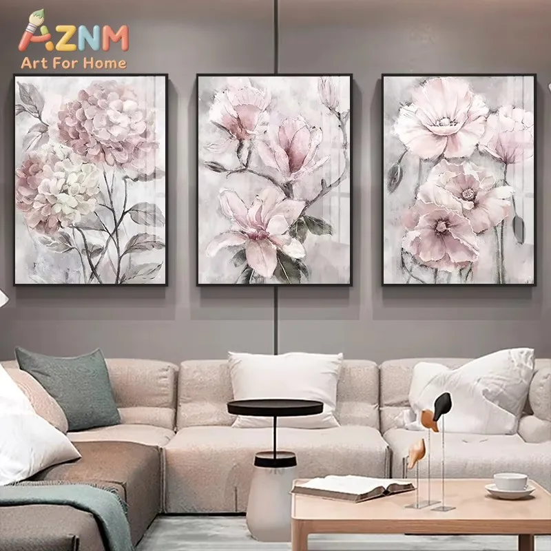 3pcs Pink Watercolor Floral Hydrangea Magnolia Canvas Wall Art No Frame Poster Print Vintage Grey Background Living RoomPainting