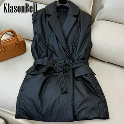 8.28 KlasonBell-Women Fashion All-match Camel Hair Sashes Short Vest Double Breasted Lapel Sleeveless Back Split Vest Coat