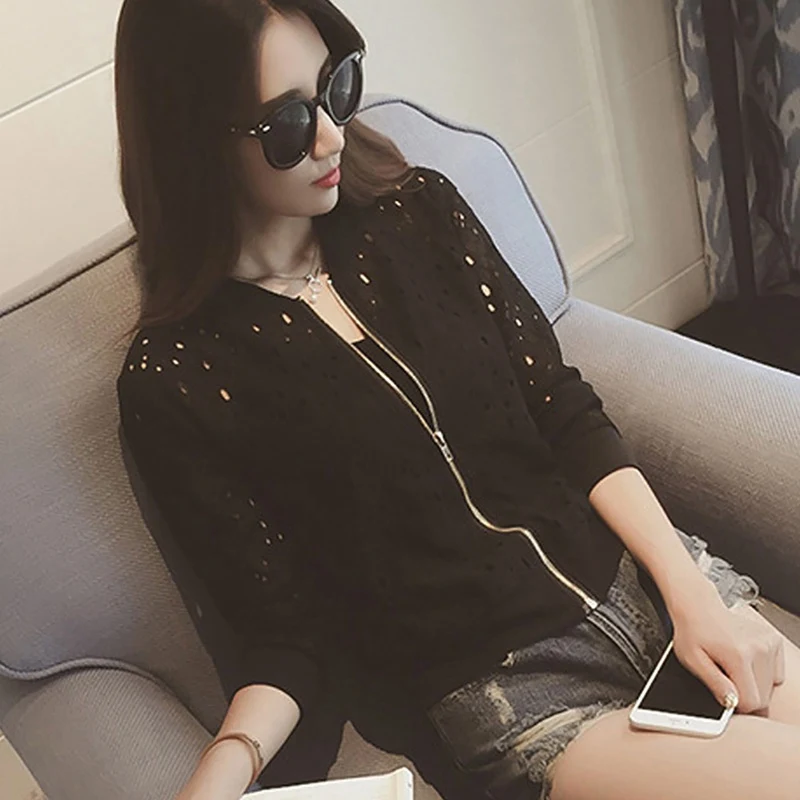 Summer Korean Stylish Thin Long Sleeve Lace Hollow Out Jackets Female Anti-UV Fashion Short Outwear White Women Clothing