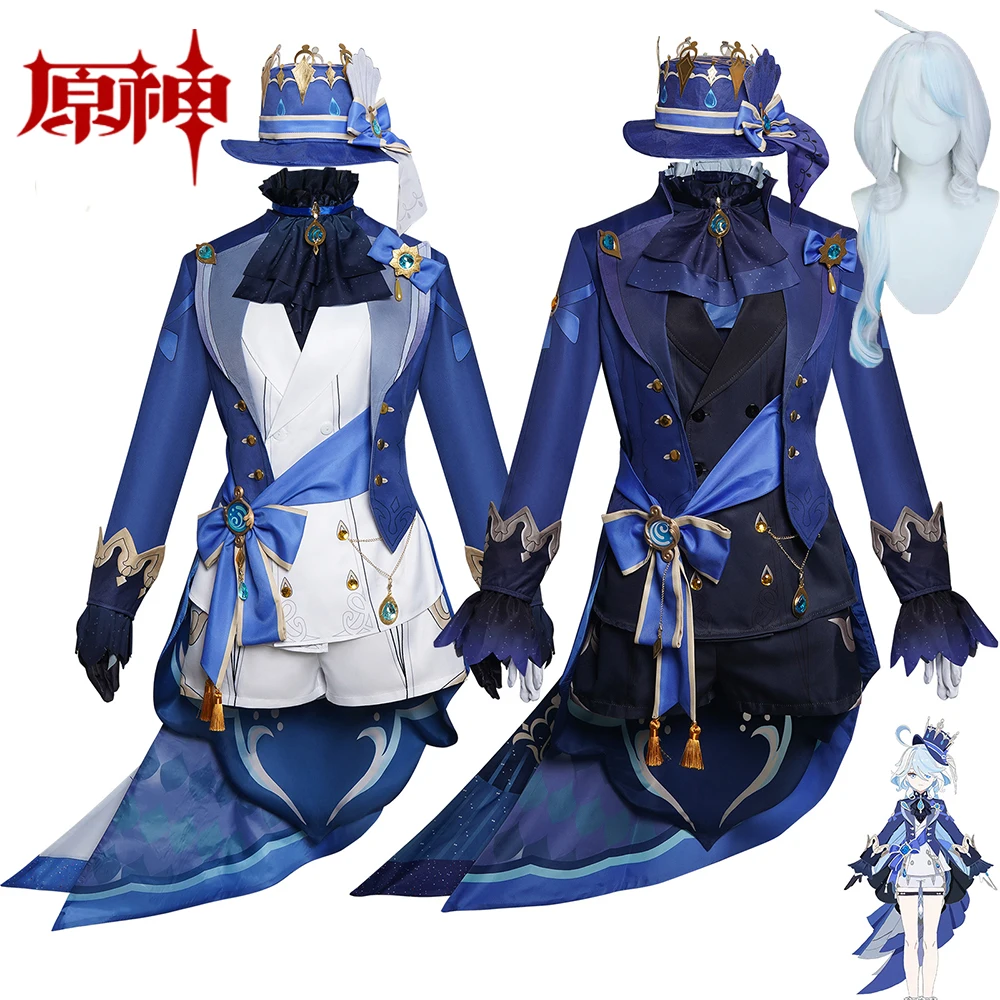 

game Genshin Impact Fontaine Focalors Cosplay Costume for Women Girls Anime Dress Wig Halloween Costume with Hat Inclusive