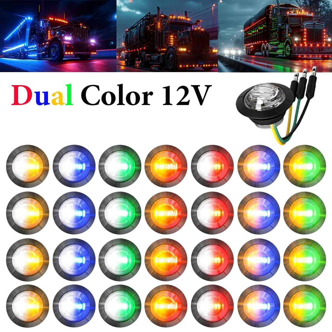 5/20pcs LED Side Marker Lights Dual Color with Bullet Plug Indicator Clearance Light Round 3/4\