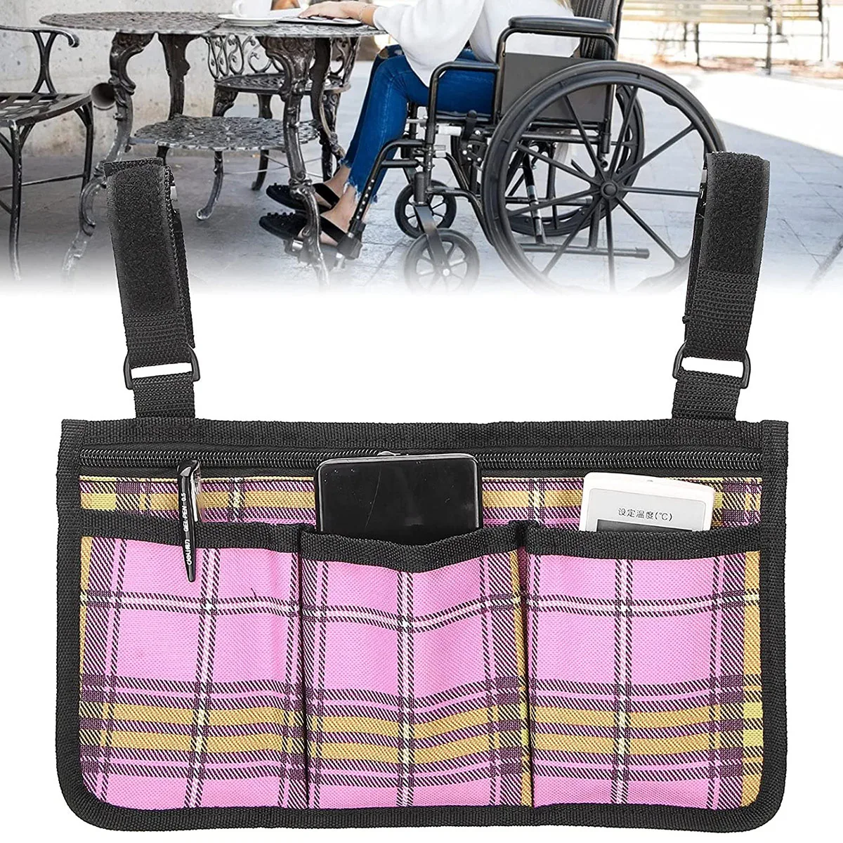 

1Pcs Pink Outdoor Wheelchair Bag Side Pouch Storage Armrest Pocket Organizer With Strip for Mobile Equipment Accessory Home Bag