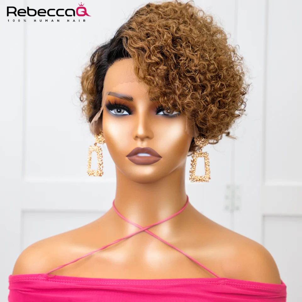 Brown Pixie Cut Wig Short Curly Human Hair Wig Short Human Hair Wig Right Side Easy Part Lace Wig For Women Highlight Human Hair