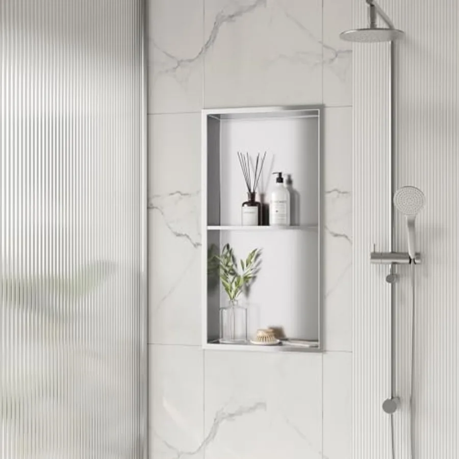 

No Tile Shower Niche Stainless Steel Wall Niche 13.1X25.1 Inner Size 12X24 Two-Tier Bathroom Shelf Waterproof Cubby No Tile Nee
