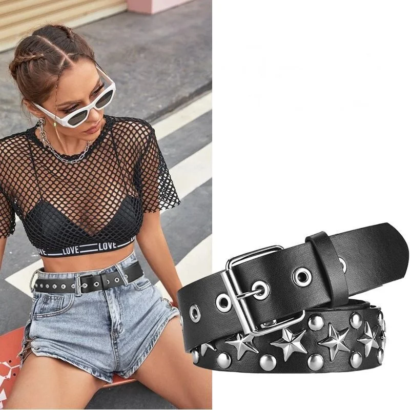 

Ремни с заклепками «Звездный глаз» для женщин и мужчин Y2K Ретро регулируемые черные металлические ремни в стиле панк, повседневные универсальные ремни из искусственной кожи, модные аксессуары