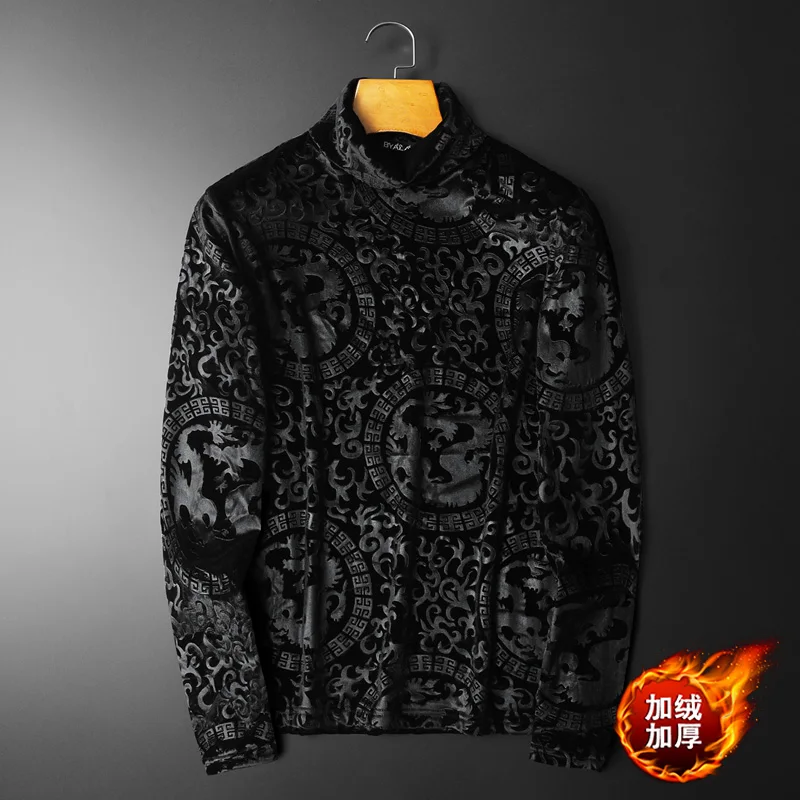 Luxury Dragon Jacquard T Shirt For Men Long Sleeve Casual Slim Winter Thick Quality Velvet Easy Care Smooth Turtleneck Camisetas