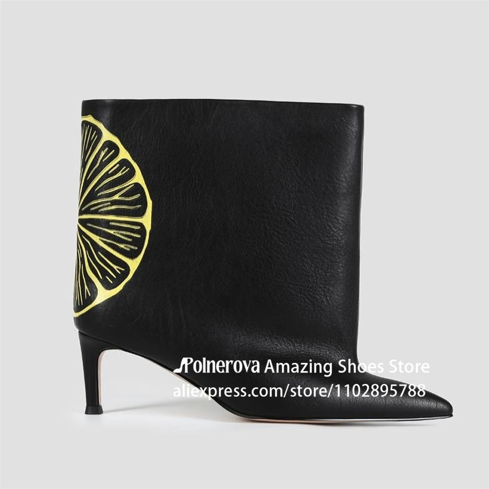 Pointed Toe Lemon Print Stiletto Booties Black PU Leather Ankle Boots Designer Style Loose Slip on Boots for Women Custom Colors