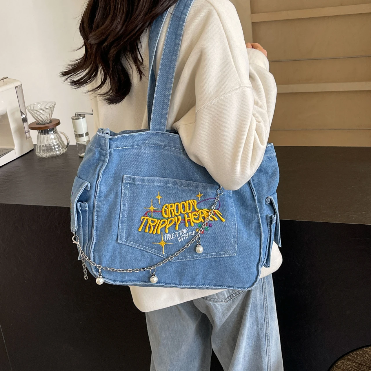 Washed denim Embroidery Alphabet Vintage Tote Bag Large capacity Women\'s bag Shoulder bag Underarm bag Student storage bag