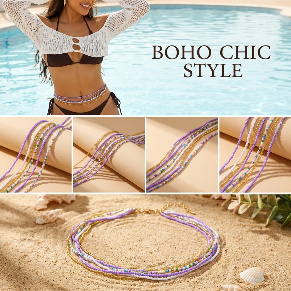 Böhmische Lila Taillenketten für Frauen Y2K Ästhetik Elastisches Bauchketten-Set Sommer Strand Sexy Körperschmuck Accessoires Geschenk – Detail 4