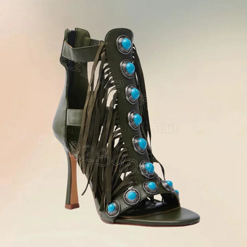 

Metal Beads Green Tassels Open Toe Sandals Back Zipper Women Shoes Thin High Heels Party Feast Dating 2025 Zapatos Para Mujere