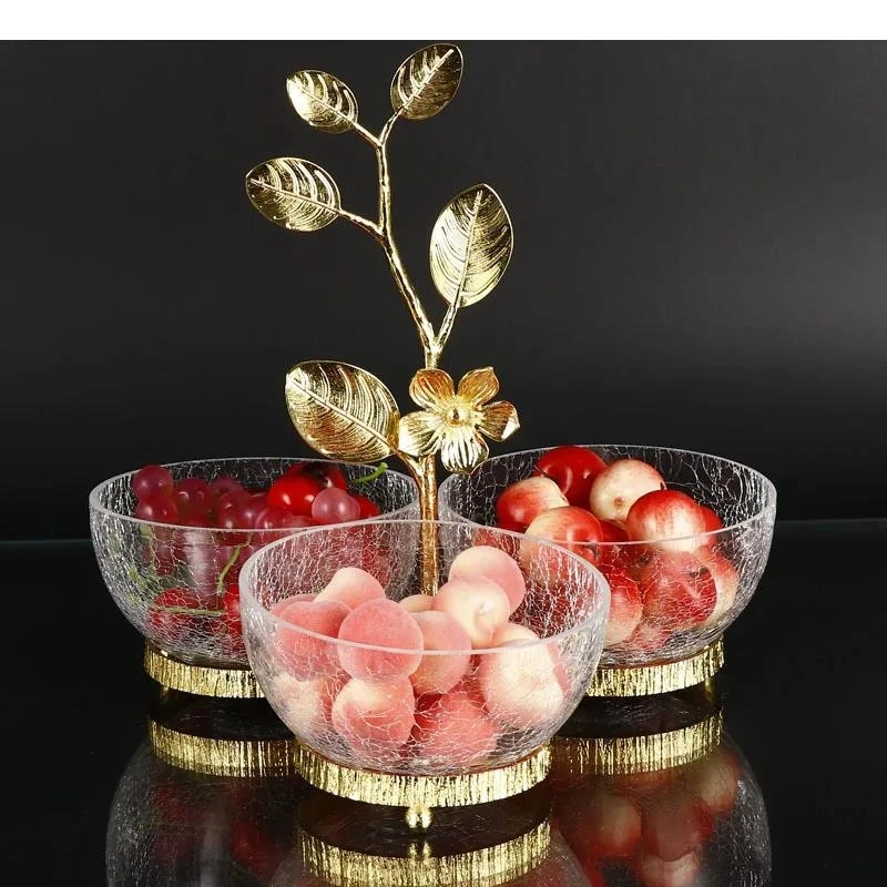 Divided Fruit Plate Light Luxury Metal Glass Birthday Party Nut Candy Snack Home Decorative Tableware