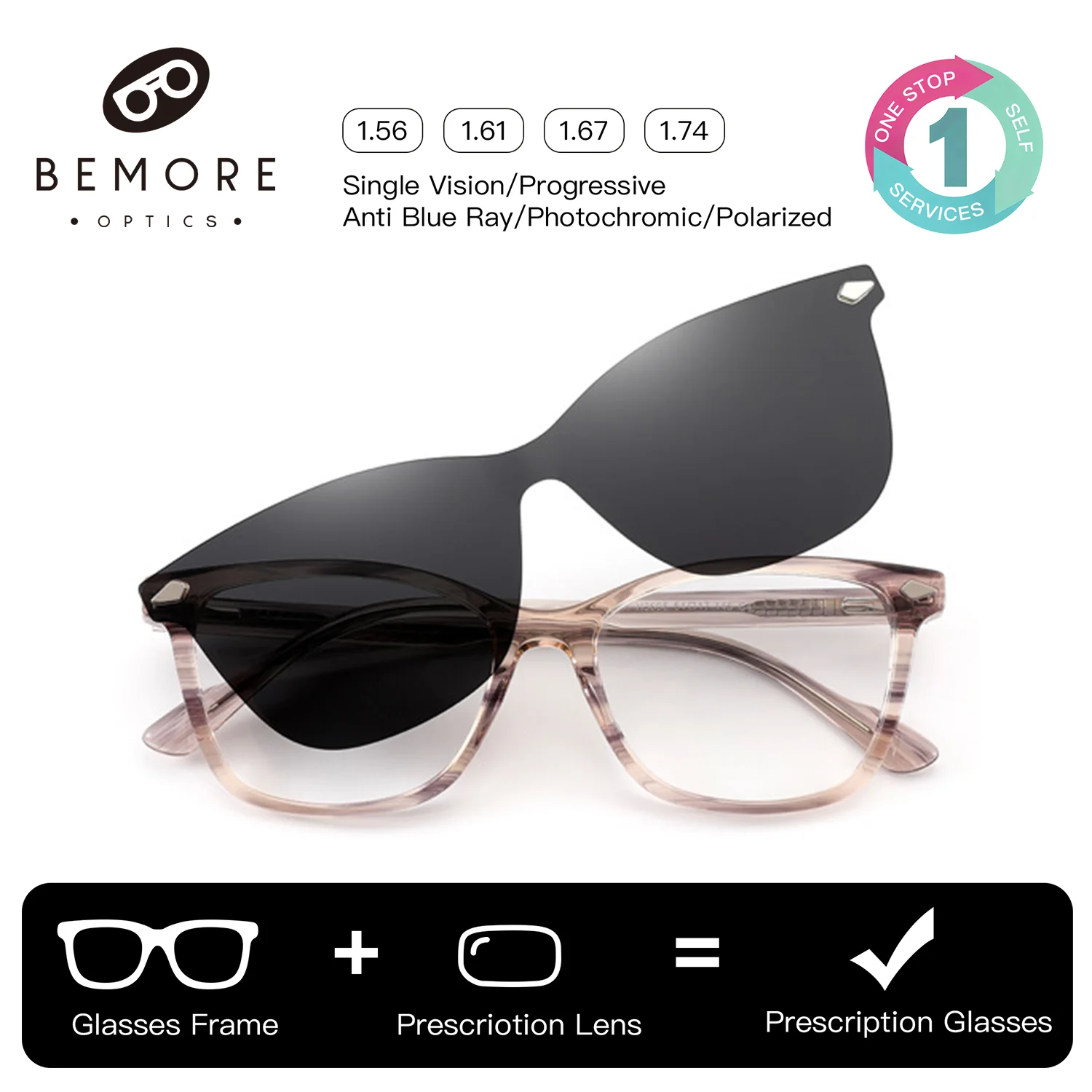 BEMORE Trendy Polarized Clip on Prescription Glasses Anti-Blue Light Acetate Multifocal Myopia Custom Optical Eyewear