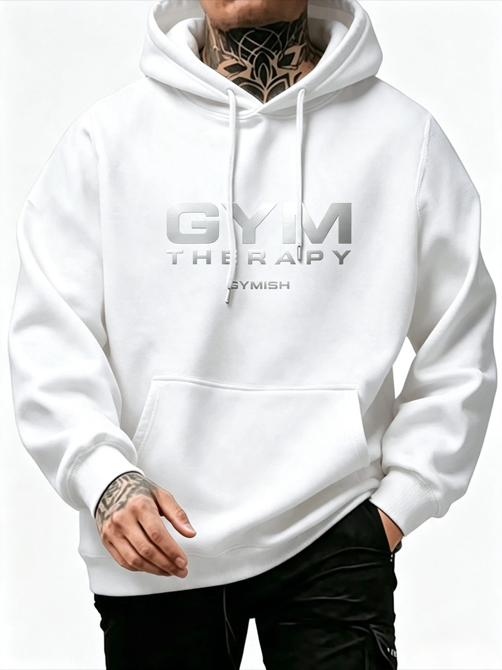 Men's Fitness Sports Letter Printed Hoodie Drawstring Front Pocket Long Sleeve Training Hoodie Top Autumn Winter Y2K Streetwear