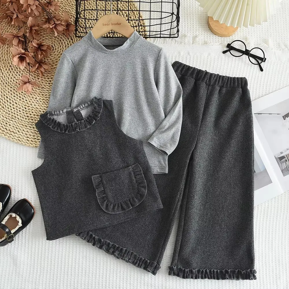 Bear Leader Autumn New Casual Girls' Set Grey Half Collar Bottom Shirt+Woolen Tank Top+Lotus Leaf Side Pants 3PS Autumn Clothing