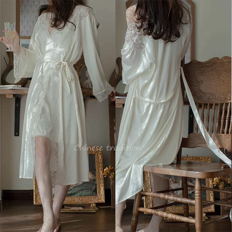 Sexy Kimono Robe Set Women 2Pcs Peignoir Chemise Nightdress Wedding French Nightgown Lingerie Elegant Lace Trim Sleepwear