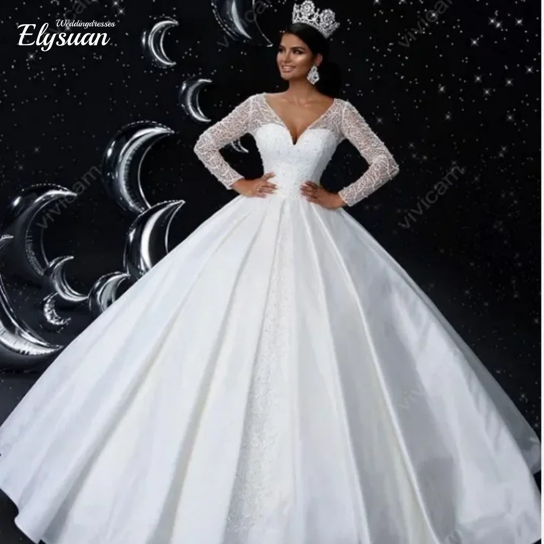 فستان زفاف مخصص لامع فاخر لؤلؤ كم طويل فستان زفاف ذو ياقة عالية 2026 فساتين أنيقة للعروس