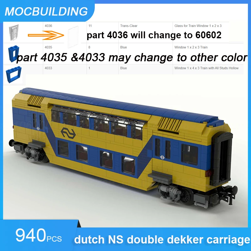 MOC Building Blocks Dutch NS Double Dekker 1st and 2nd Class Carriage DDZ DIY Assemble Bricks Train Series Toys Gifts 940PCS