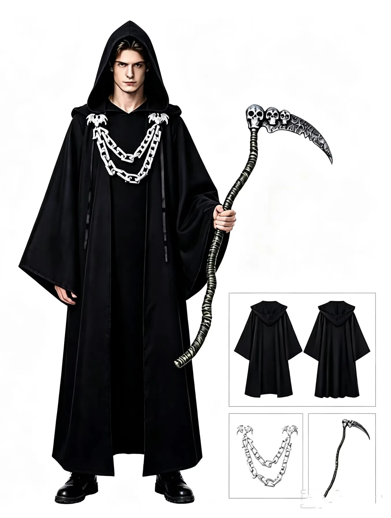 Halloween Dark Chain Hooded Robe Set Medieval Wizard Priest Role-Playing Party Performance Costume