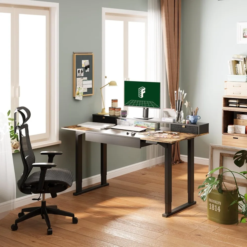 

4-Leg Standing Desk with Storage 71x32 in Electric Adjustable Height with 3 Drawers & Shelving Home Office Workstation