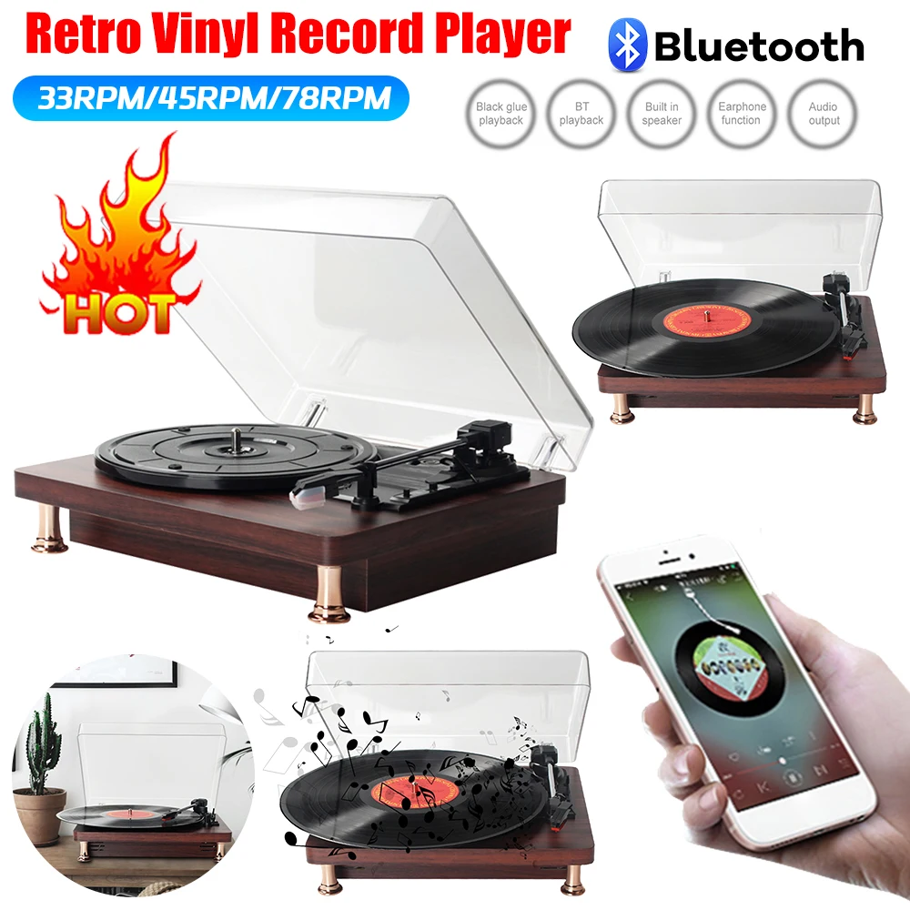 Retro Vinyl Record Player Bluetooth-Compatible Turntable Record Player 33/45/78RPM Classic Record Player for Home Decoration