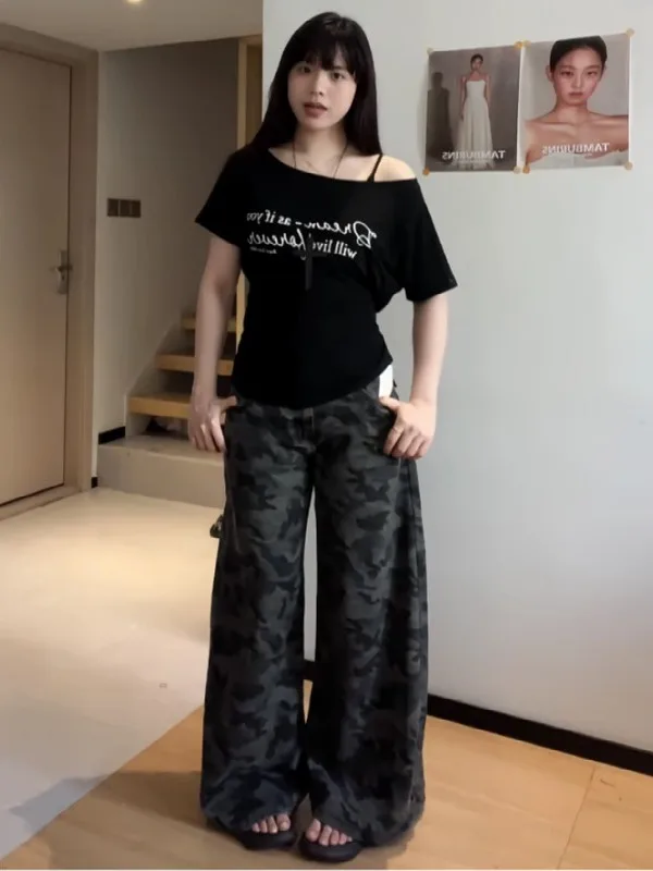 

plus Size American Retro Sle Letter Print Diagonal oulder Top And Camouflage Pants Two Piece Set for plus Size Women