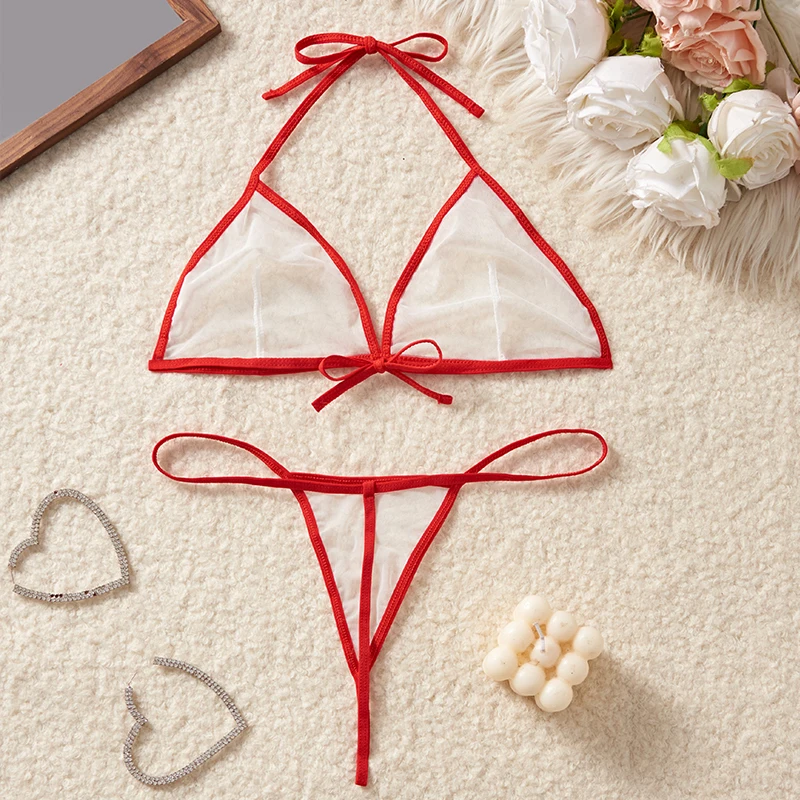 

Красный прозрачный цветной сетчатый бюстгальтер с подвесным ремешком на шее, комплект из двух предметов, сексуальный женский комплект нижнего белья с глубоким V-образным вырезом в стиле бикини, эротические костюмы