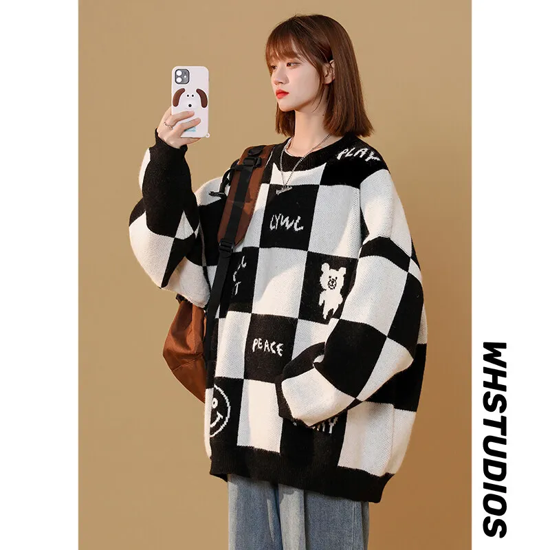 Autumn and winter neutral men's and women's sweaters crew-neck knitwear national wind sweater waxy waxy sweater lazy wind sweate