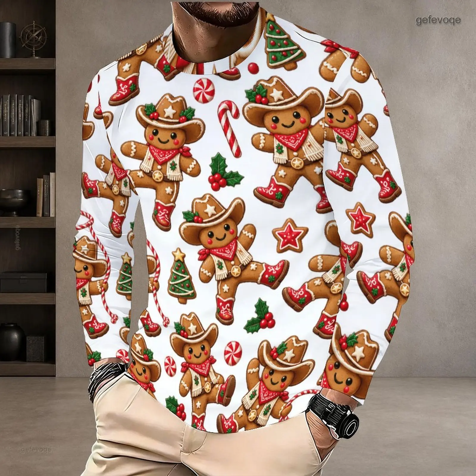 Men White Base Gingerbread Man Candy Cane Holly Print Round Neck Long Sleeve T-Shirt